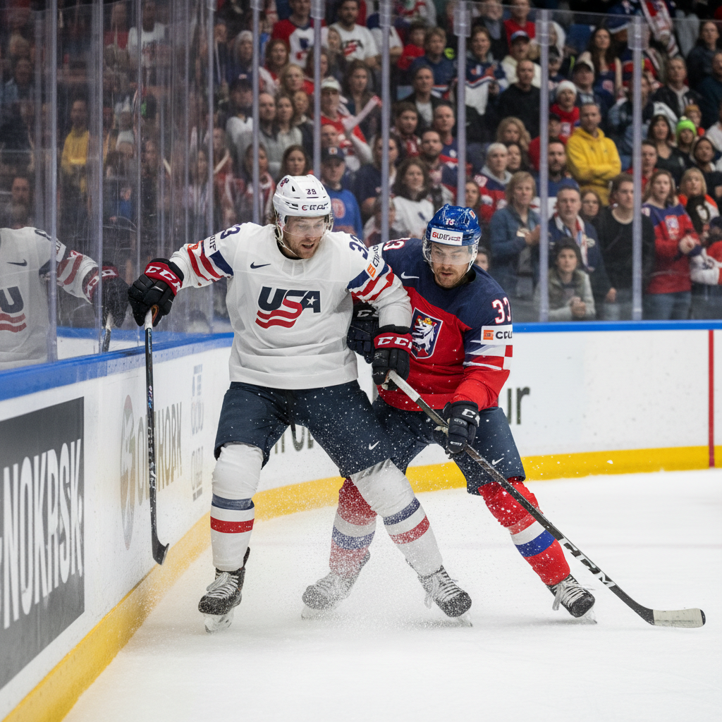 USA vs Czech Republic — men's ice hockey boards battle